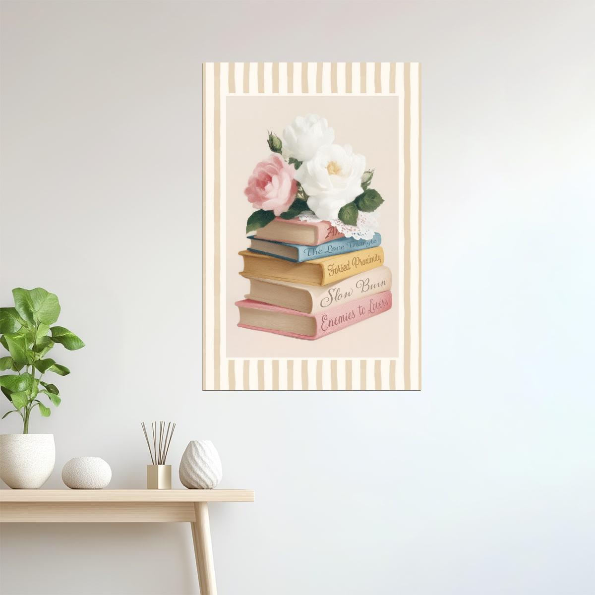 Romance Tropes Book Stack with Roses | Bookish Romantic Aesthetic Poster