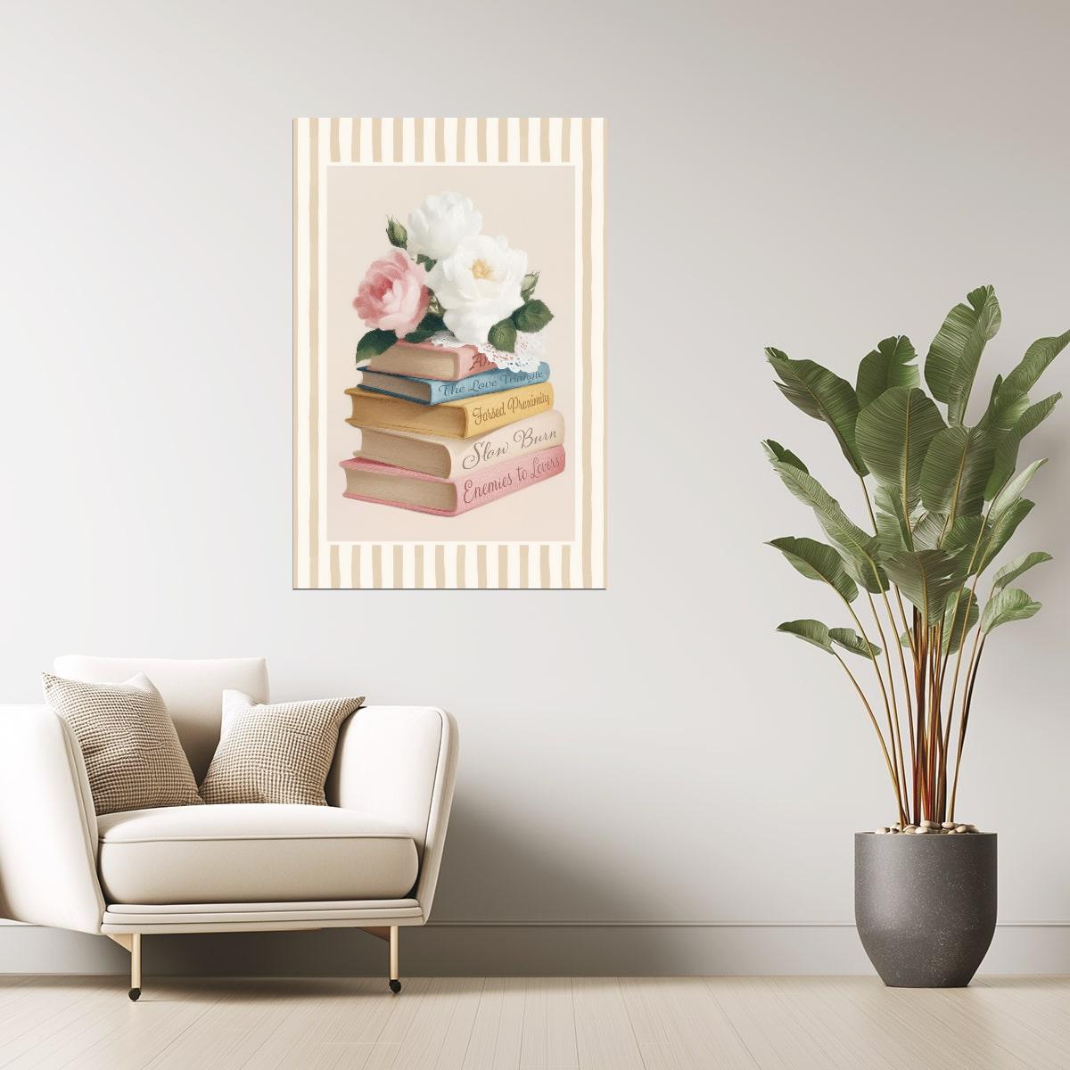 Romance Tropes Book Stack with Roses | Bookish Romantic Aesthetic Poster