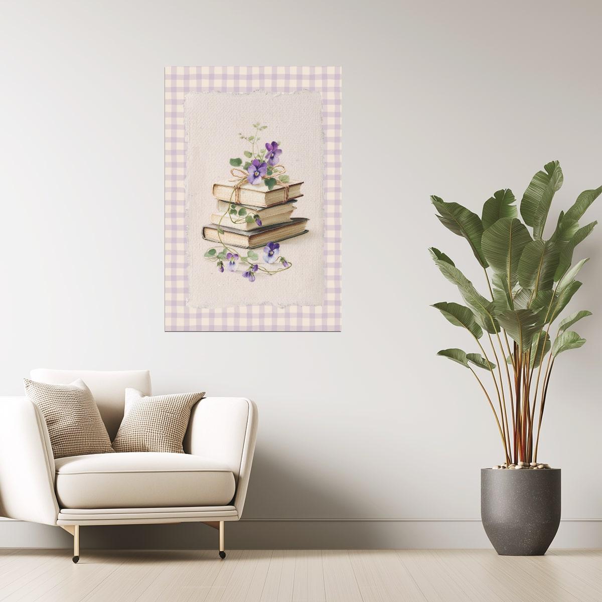 Vintage Book Stack with Violets on Gingham | Bookish Floral Aesthetic Poster