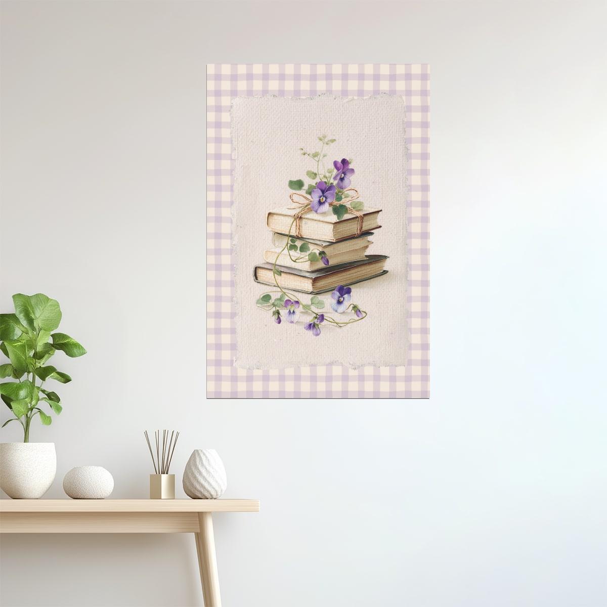 Vintage Book Stack with Violets on Gingham | Bookish Floral Aesthetic Poster