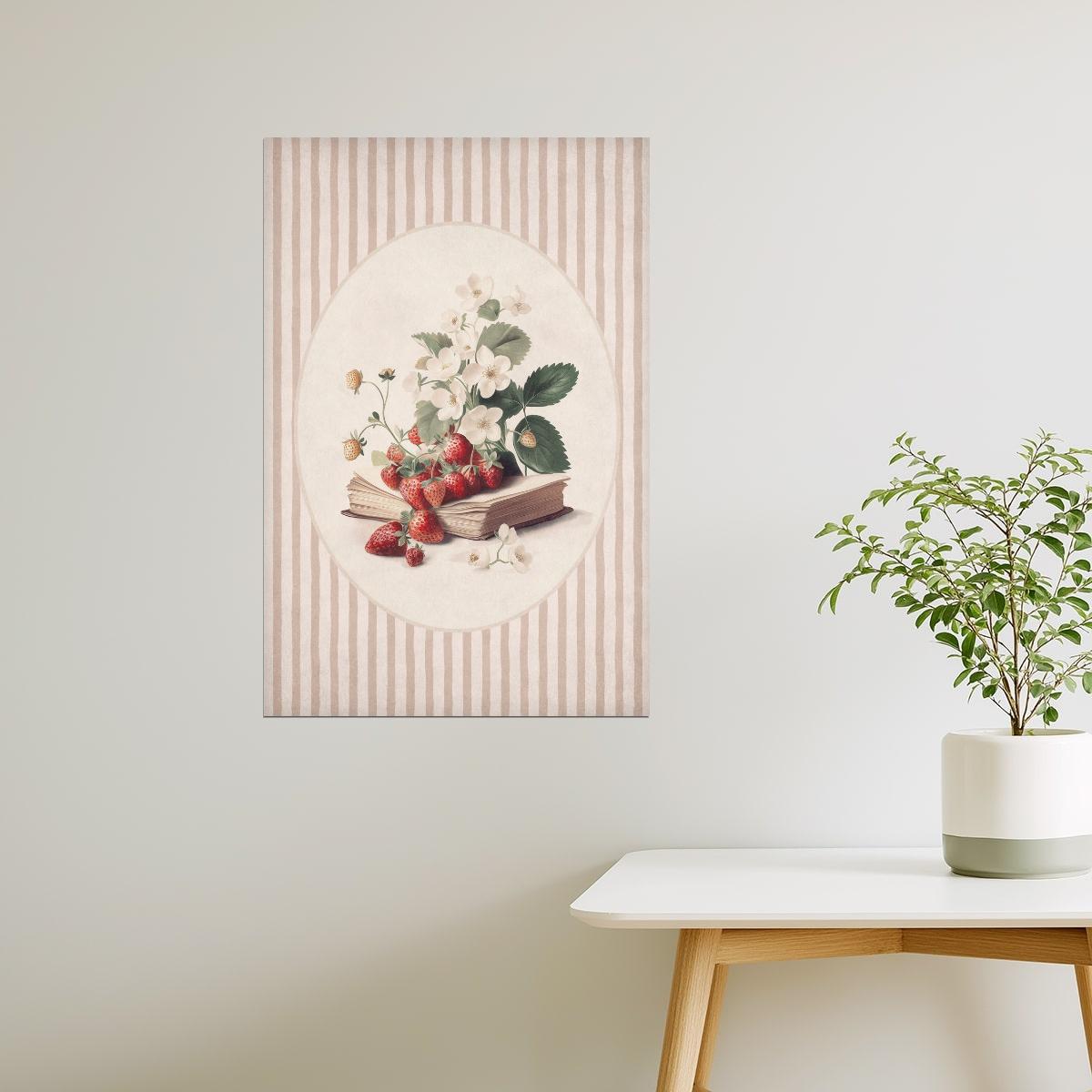 Vintage Strawberries with Books | Bookish Floral Aesthetic Poster