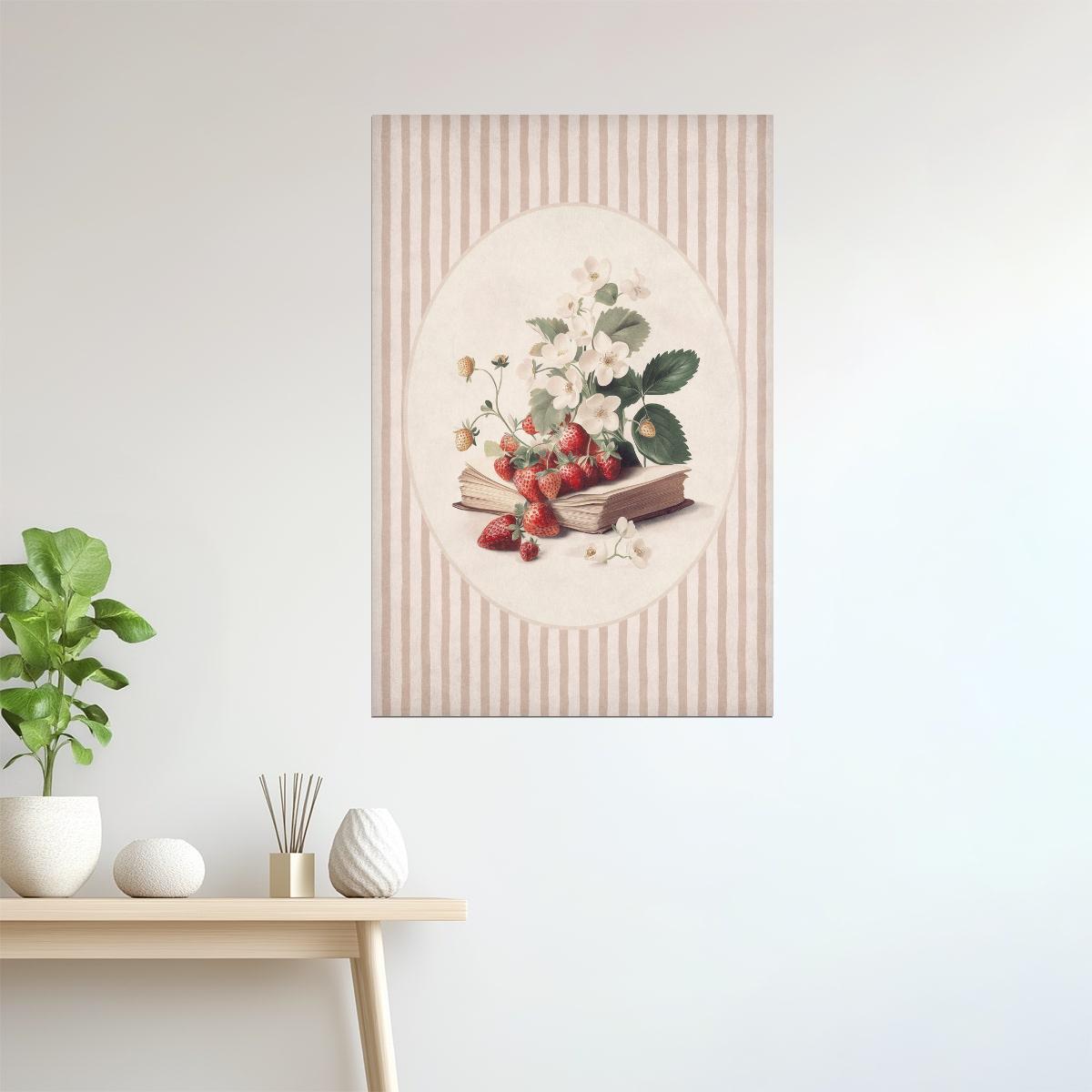 Vintage Strawberries with Books | Bookish Floral Aesthetic Poster