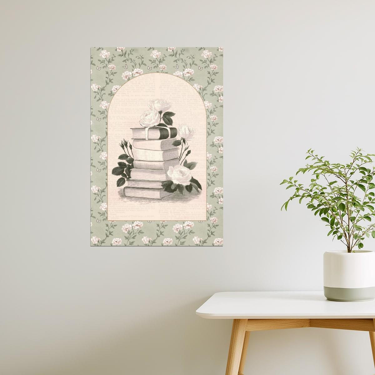 Vintage Book Stack with Roses | Bookish Romantic Aesthetic Poster