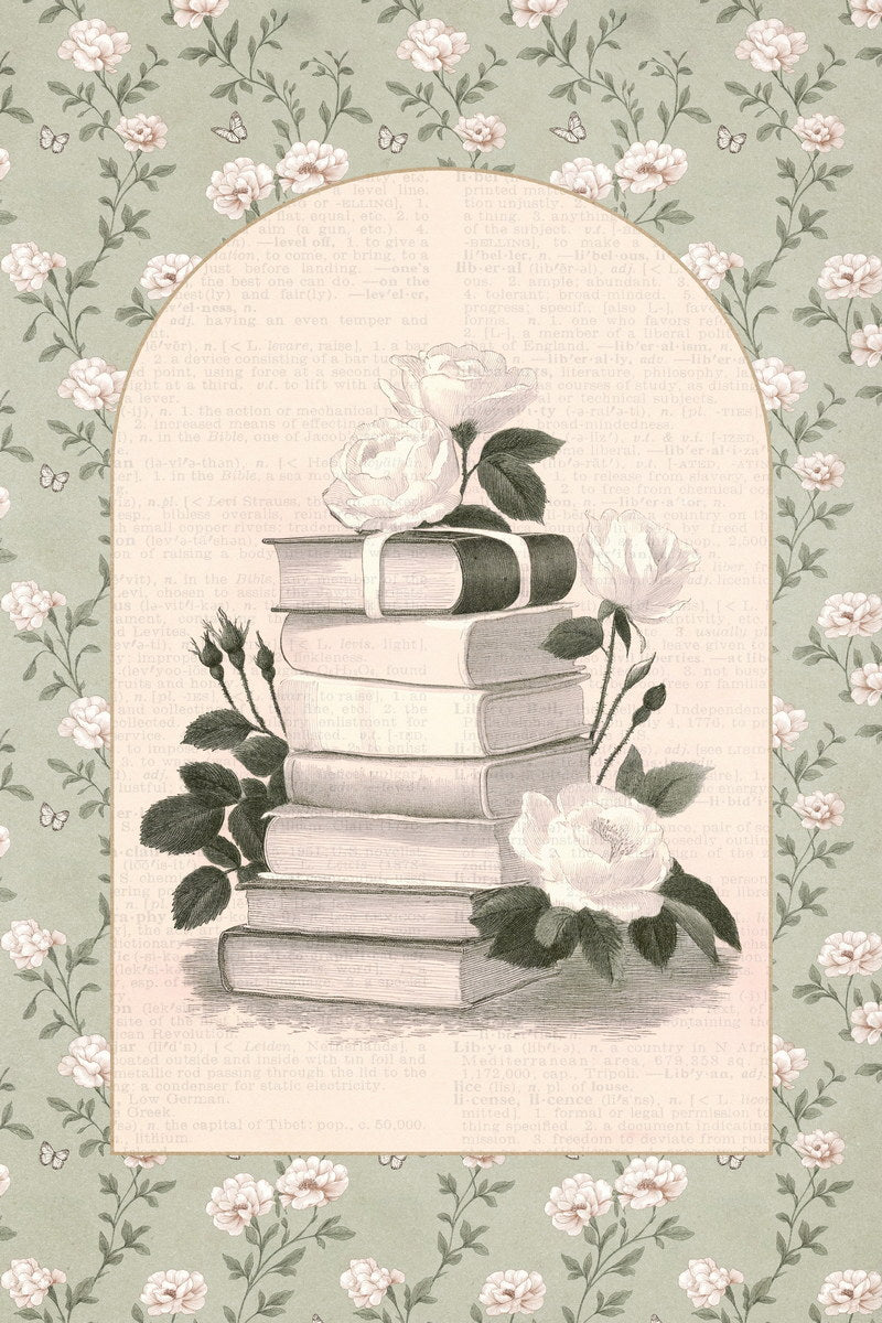 Vintage Book Stack with Roses | Bookish Romantic Aesthetic Poster