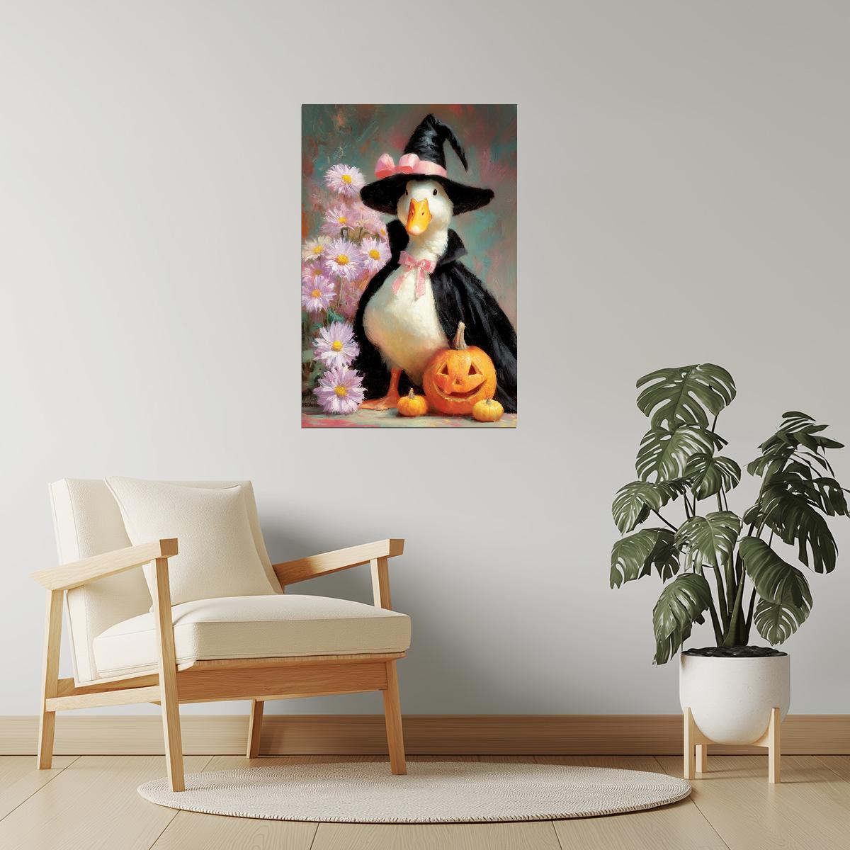 Witchy Goose with Pumpkin and Pink Flowers | Funny Halloween Wall Decor Poster