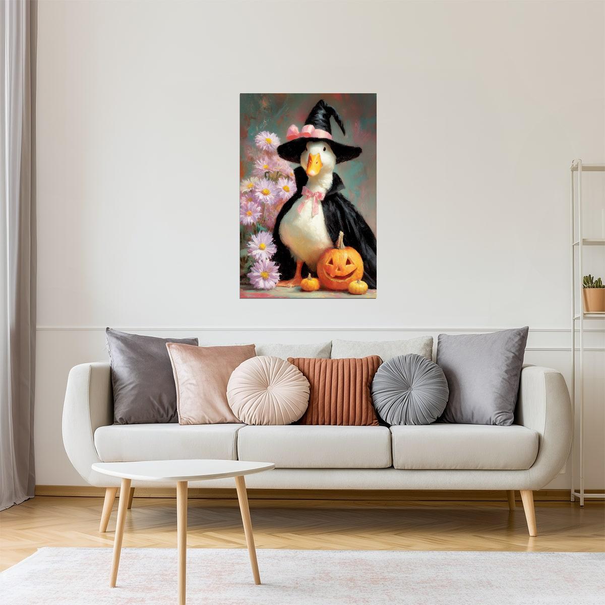 Witchy Goose with Pumpkin and Pink Flowers | Funny Halloween Wall Decor Poster