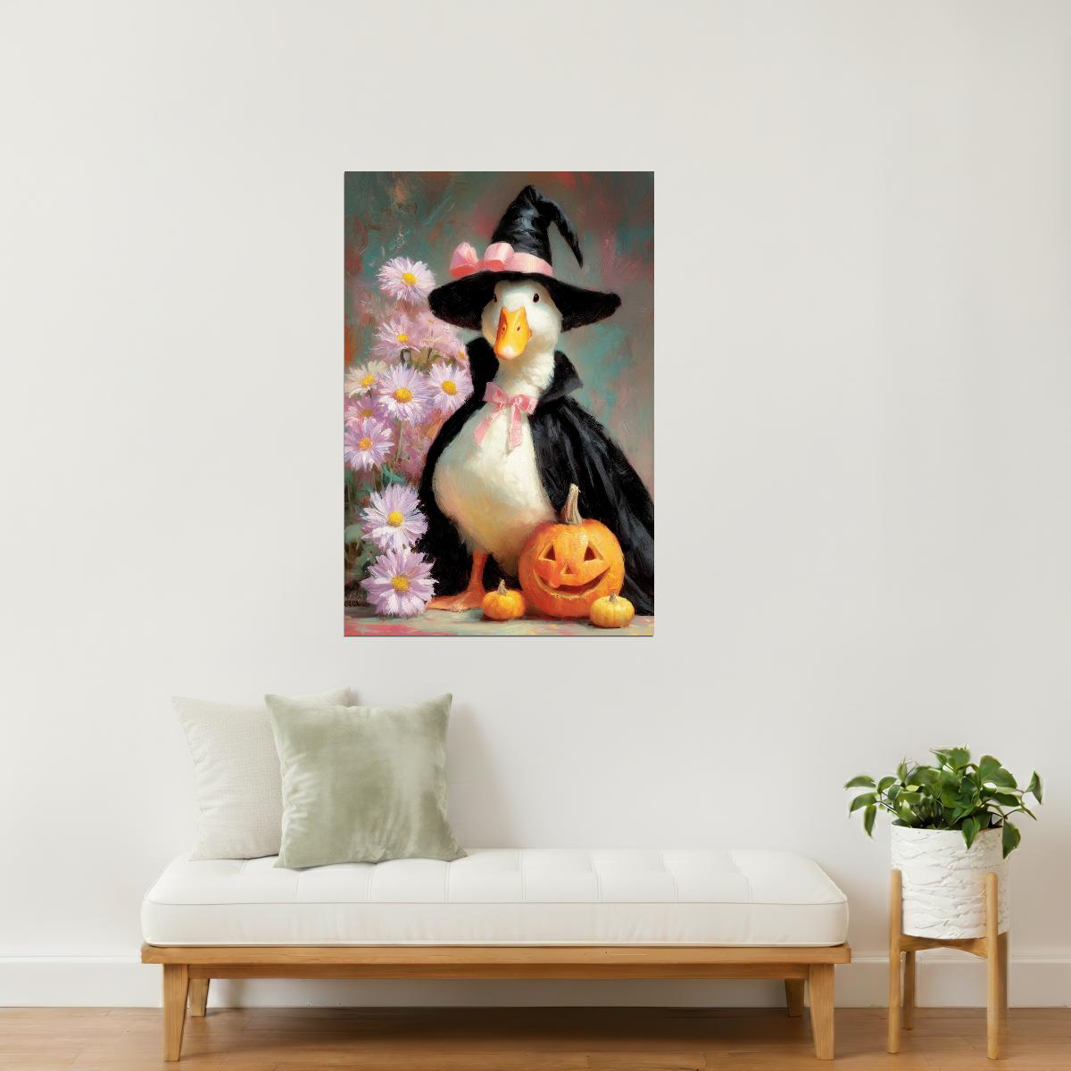 Witchy Goose with Pumpkin and Pink Flowers | Funny Halloween Wall Decor Poster