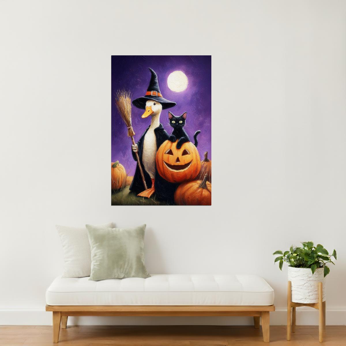 Goose and Cat Pumpkin Night | Whimsical Halloween Wall Print Poster