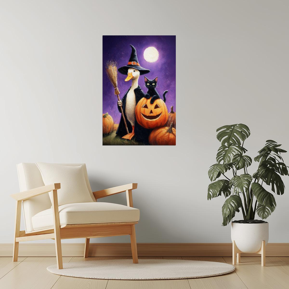 Goose and Cat Pumpkin Night | Whimsical Halloween Wall Print Poster