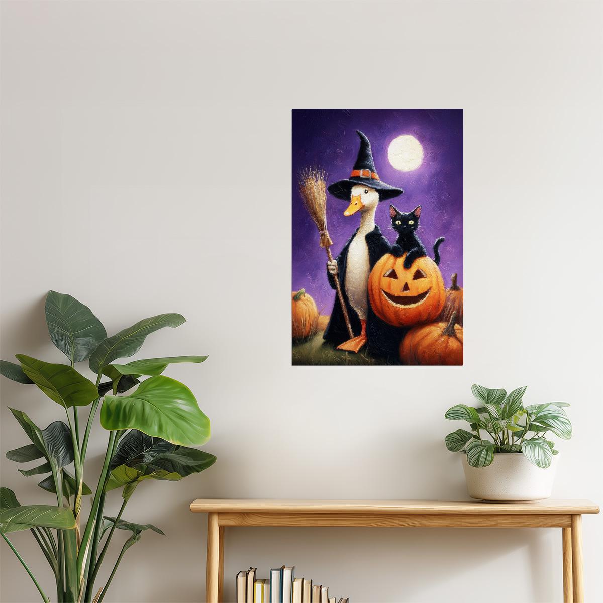 Goose and Cat Pumpkin Night | Whimsical Halloween Wall Print Poster