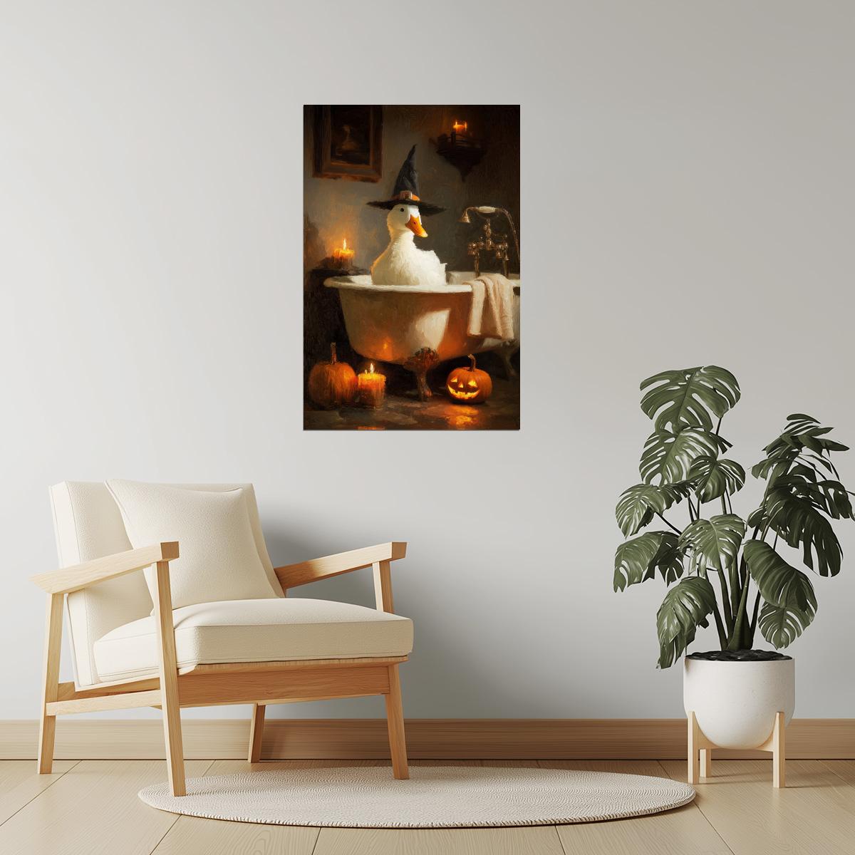 Goose in Witch Hat Bath | Funny Halloween Bathroom Wall Print Poster