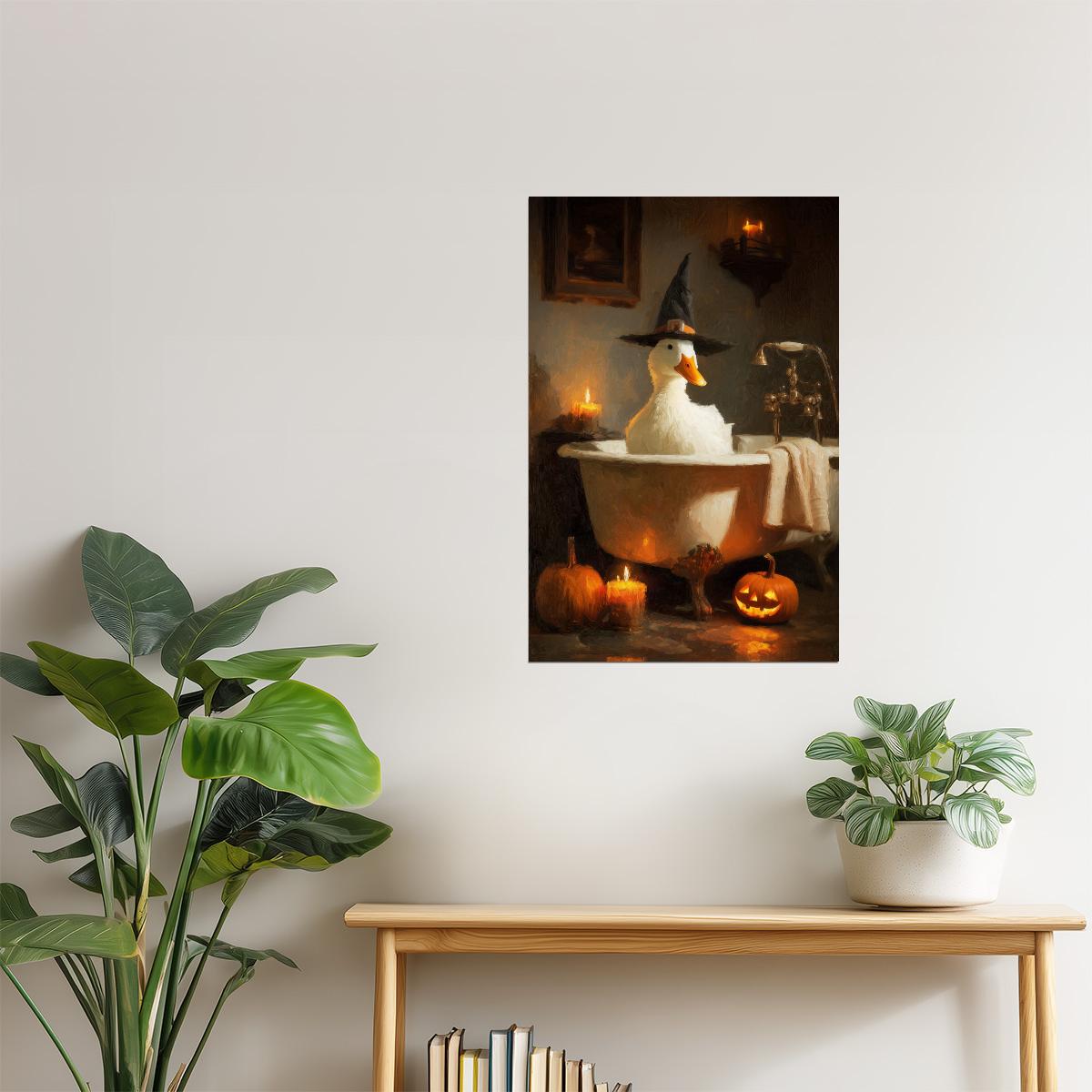 Goose in Witch Hat Bath | Funny Halloween Bathroom Wall Print Poster