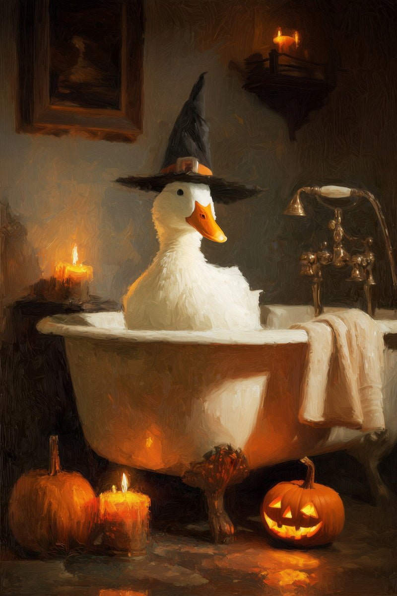 Goose in Witch Hat Bath | Funny Halloween Bathroom Wall Print Poster