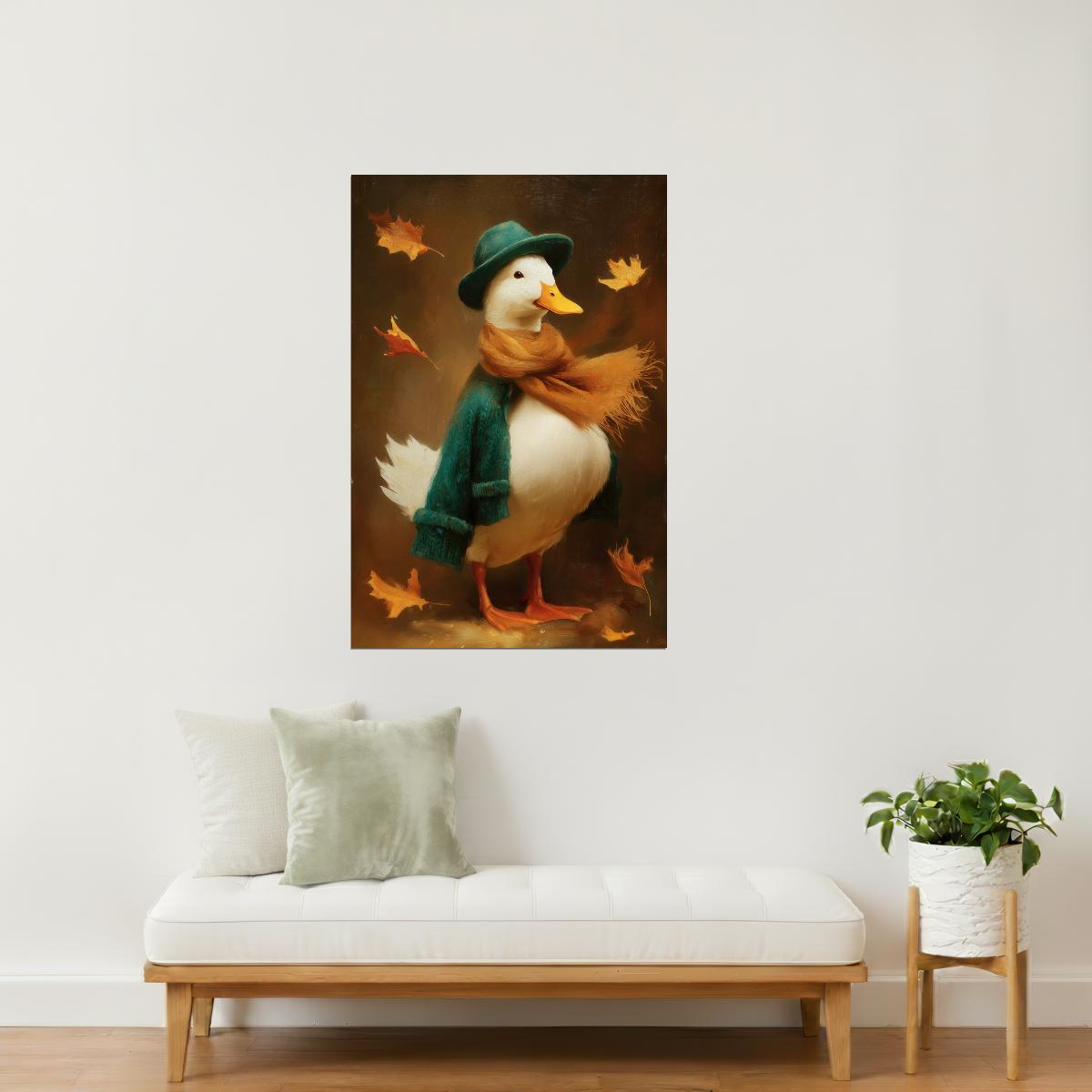Autumn Goose in Green Coat | Cozy Fall Duck Wall Art Poster