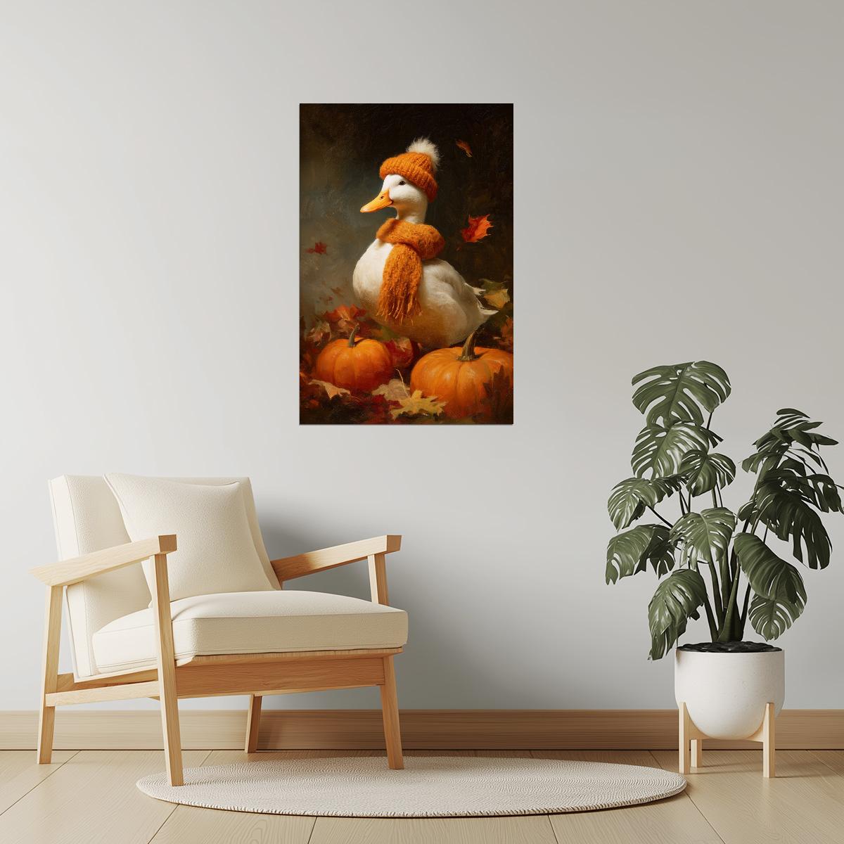 Pumpkin Goose in Orange Hat | Cute Cozy Fall Duck Wall Print Poster