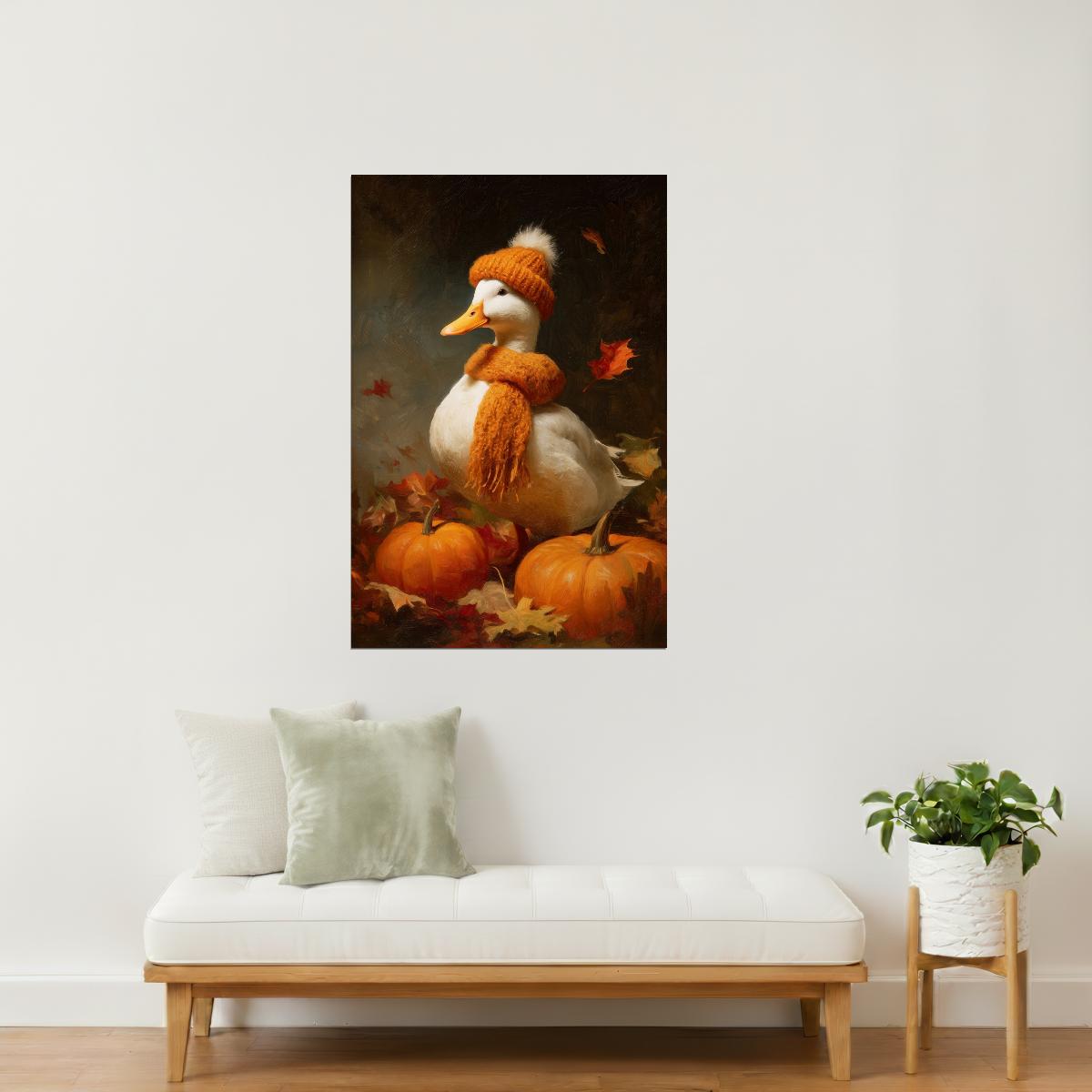 Pumpkin Goose in Orange Hat | Cute Cozy Fall Duck Wall Print Poster