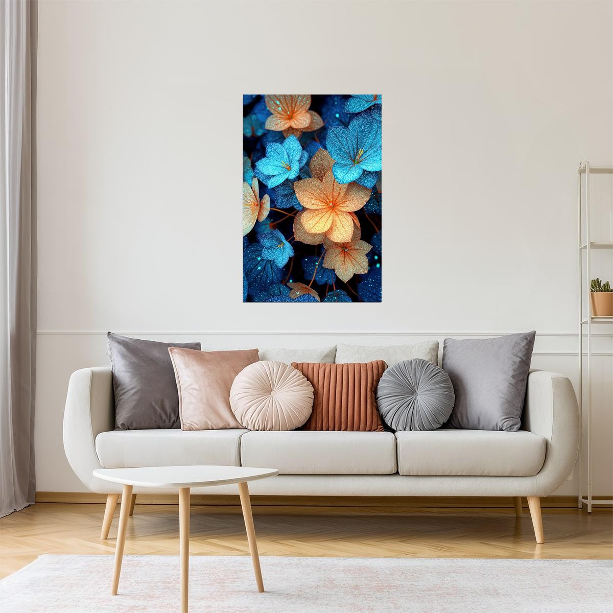 Bioluminescent Blue Orange Flowers | Dreamy Botanical Fantasy | Wall Decor Poster