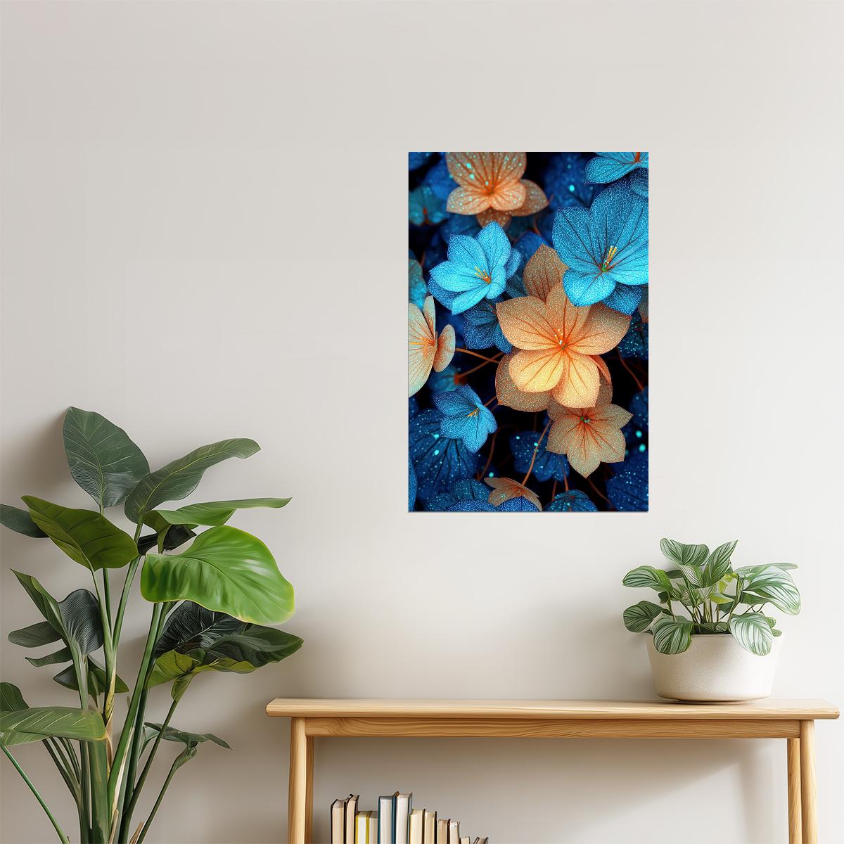 Bioluminescent Blue Orange Flowers | Dreamy Botanical Fantasy | Wall Decor Poster