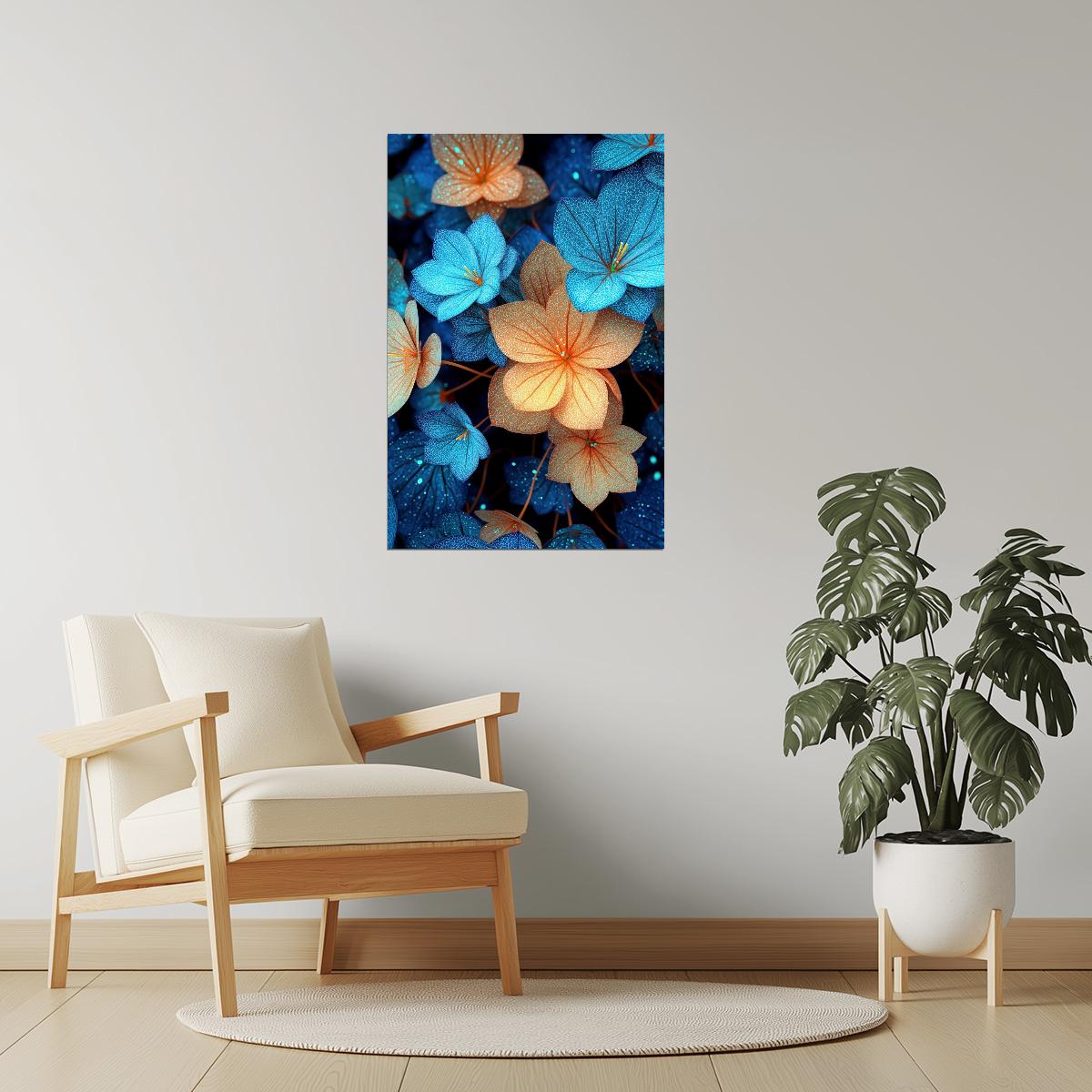 Bioluminescent Blue Orange Flowers | Dreamy Botanical Fantasy | Wall Decor Poster