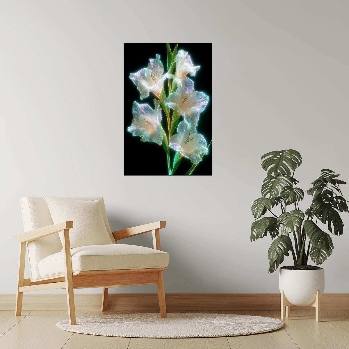 Luminous Gladiolus Cluster | Ethereal Floral Surrealism | Wall Art Print Poster
