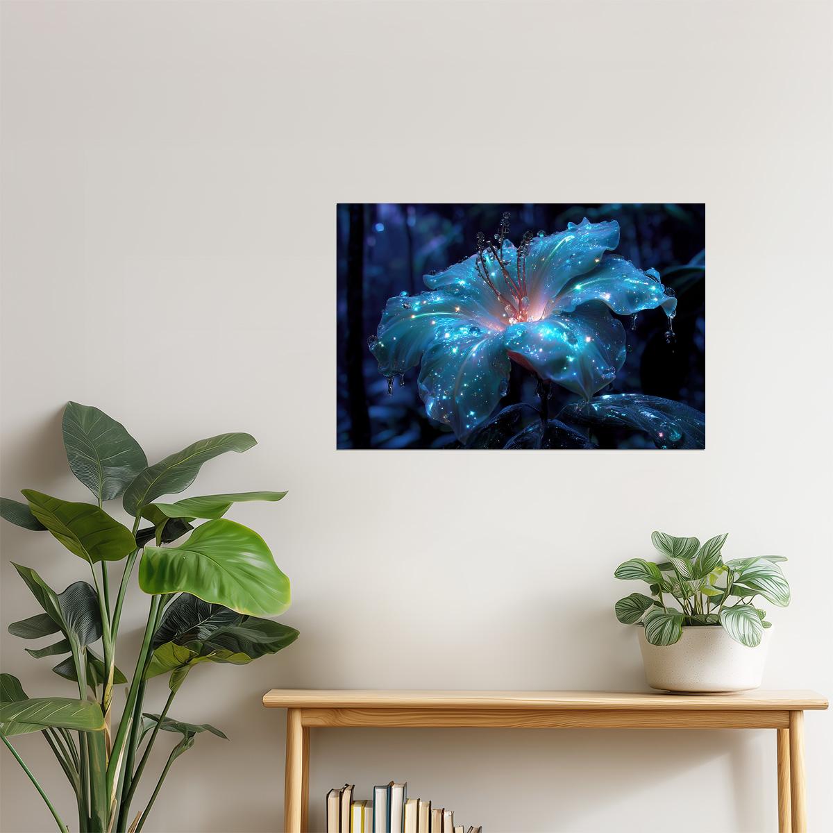 Glowing Blue Lily | Serene Fantasy Aesthetic | Wall Art Print Poster