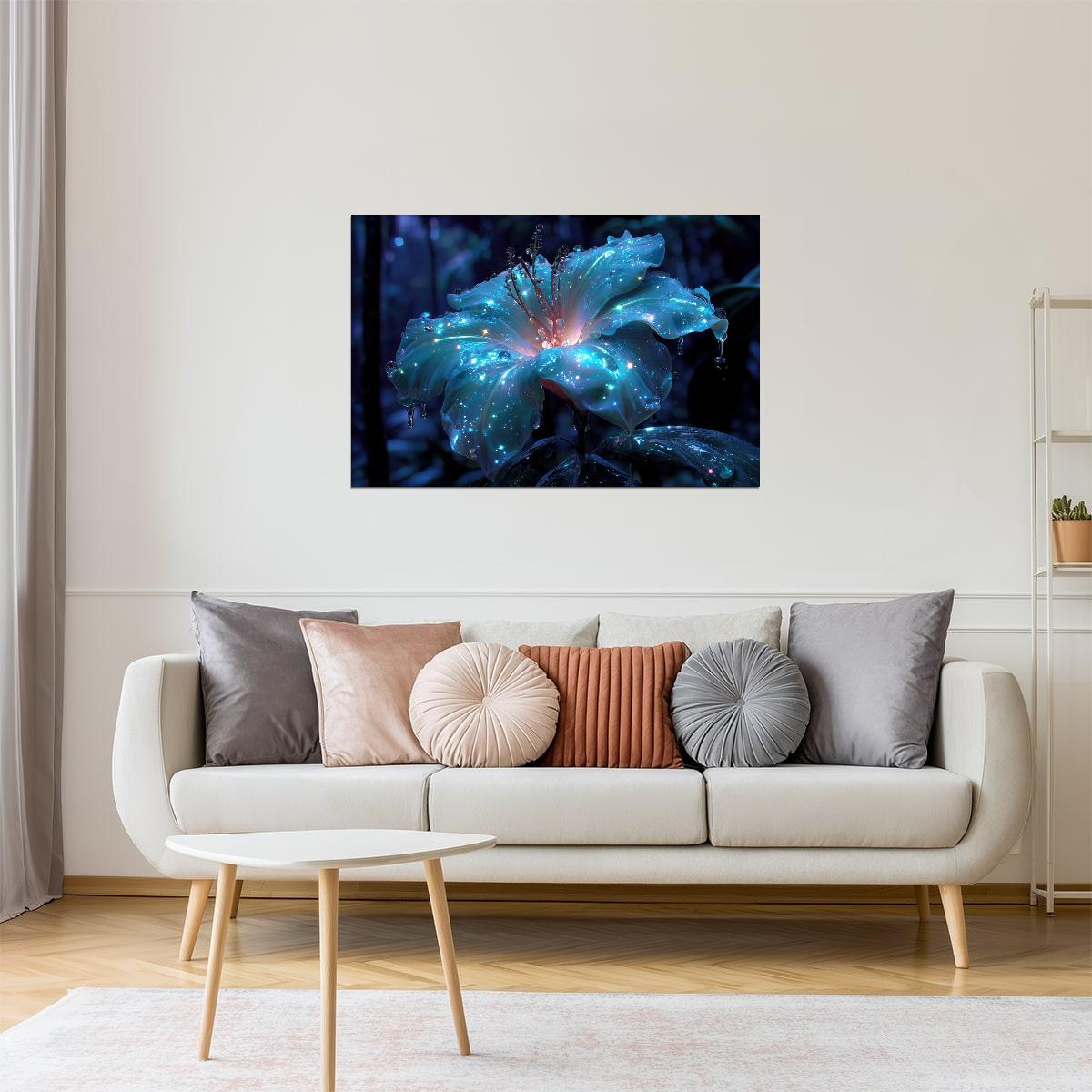 Glowing Blue Lily | Serene Fantasy Aesthetic | Wall Art Print Poster
