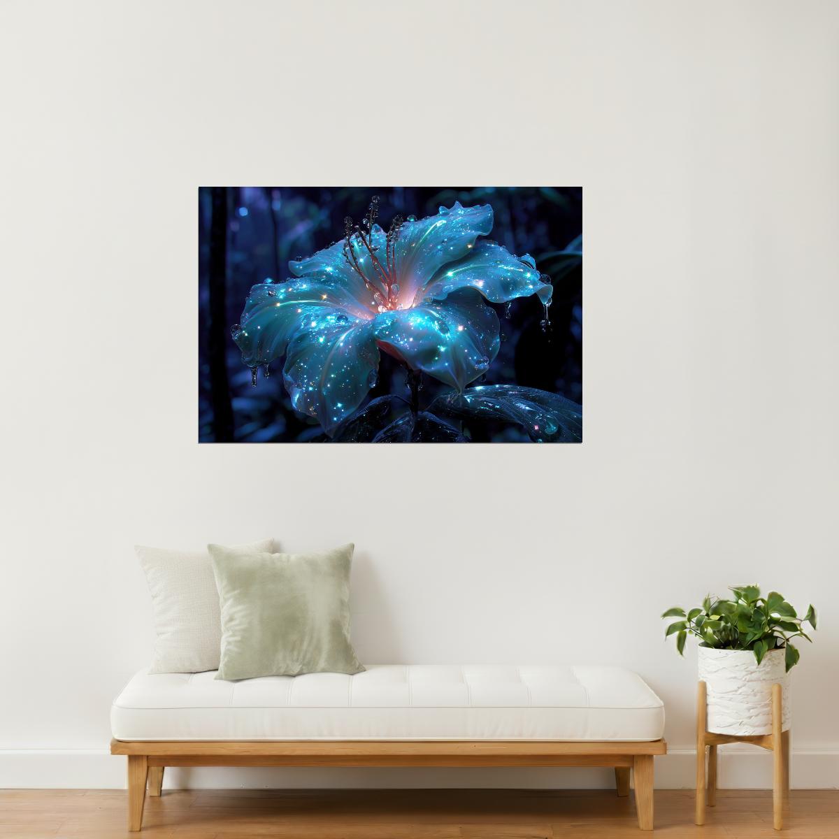Glowing Blue Lily | Serene Fantasy Aesthetic | Wall Art Print Poster