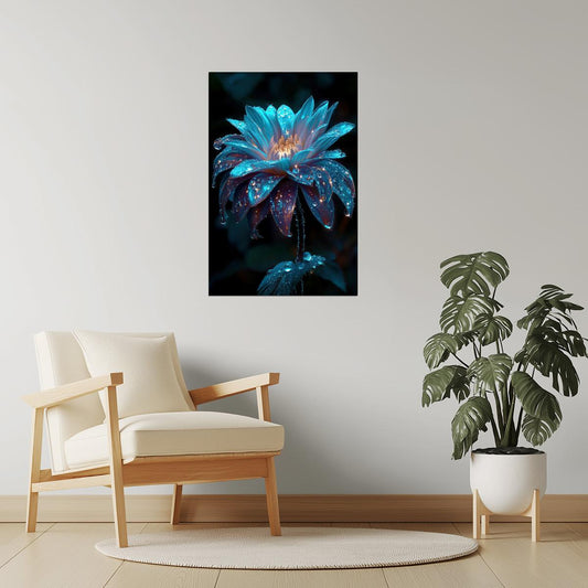 Luminous Teal Flower | Ethereal Botanical Aesthetic | Wall Decor Poster