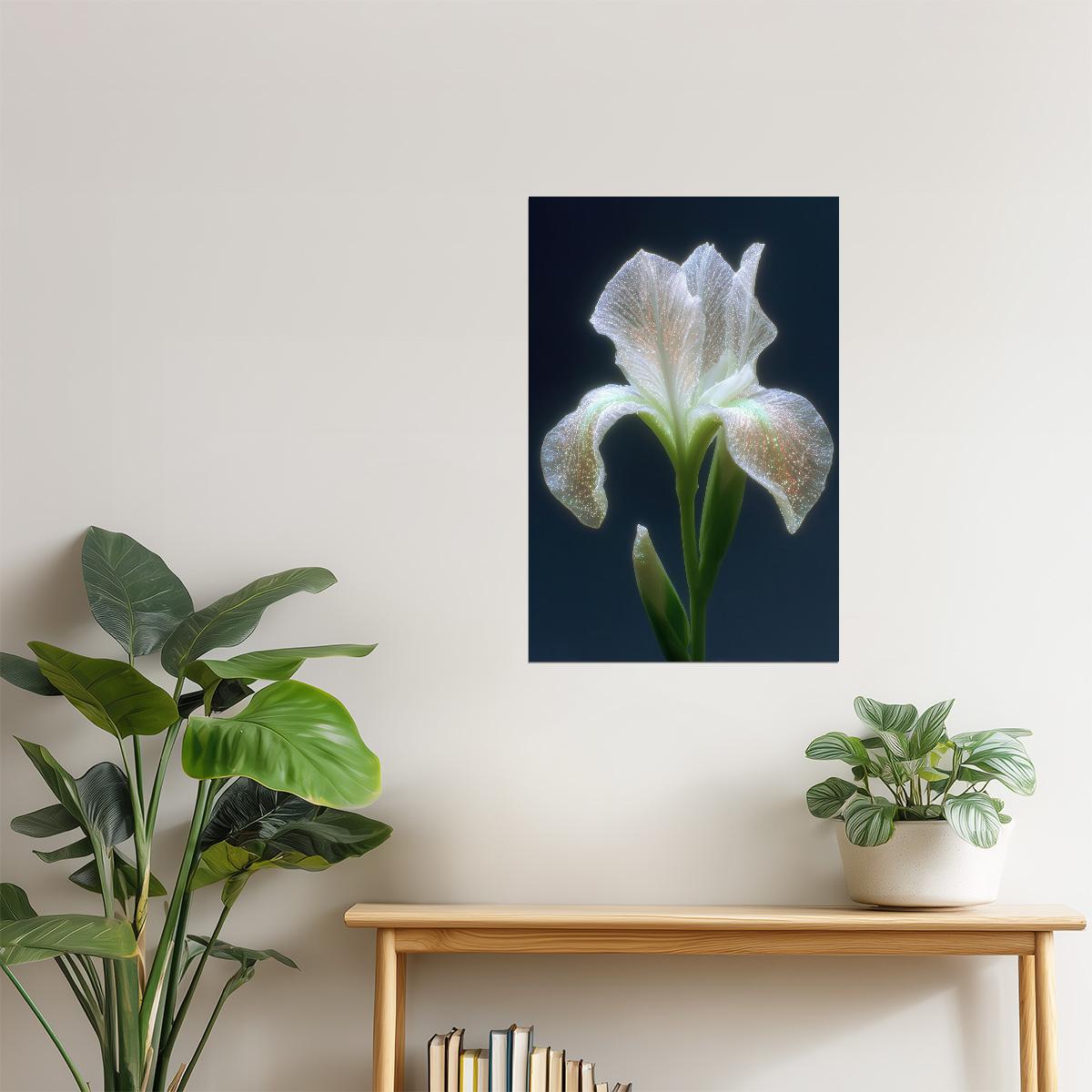 Glowing White Iris | Ethereal Botanical Surrealism | Wall Art Print Poster