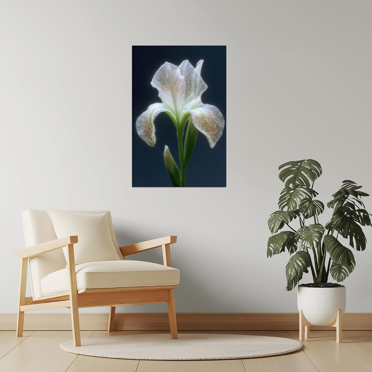 Glowing White Iris | Ethereal Botanical Surrealism | Wall Art Print Poster