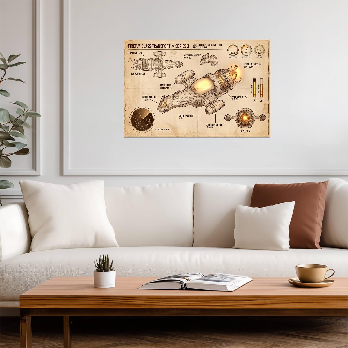Serenity Ship Diagram | Firefly TV Show Poster | Vintage Style Blueprint - Movies & TV Poster