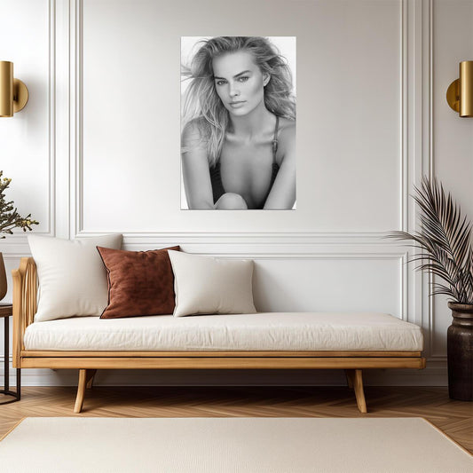 Margot Robbie Close Up Portrait Poster | Black and White Wall Art Print - Celebrities Poster