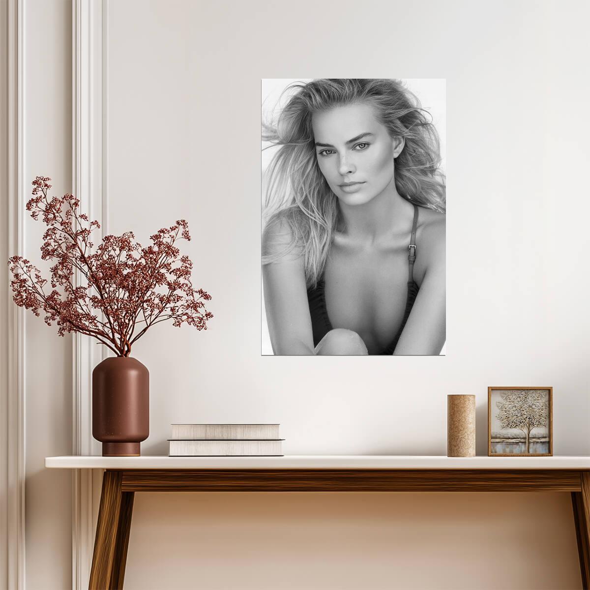 Margot Robbie Close Up Portrait Poster | Black and White Wall Art Print - Celebrities Poster