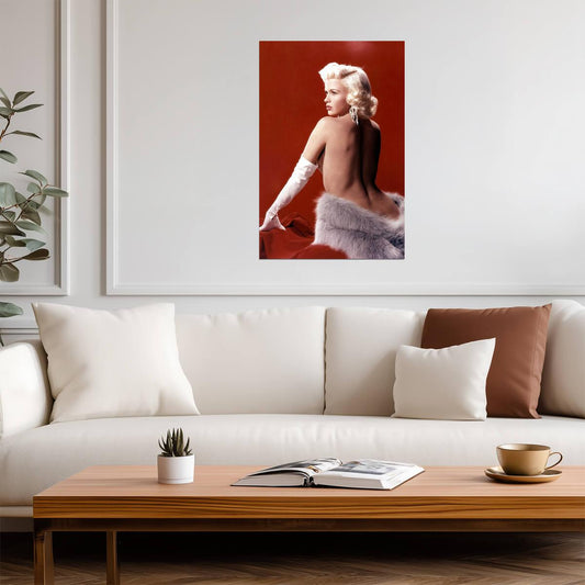 Jayne Mansfield Nude Back Poster | Red Background Sexy Actress Print - Celebrities Poster