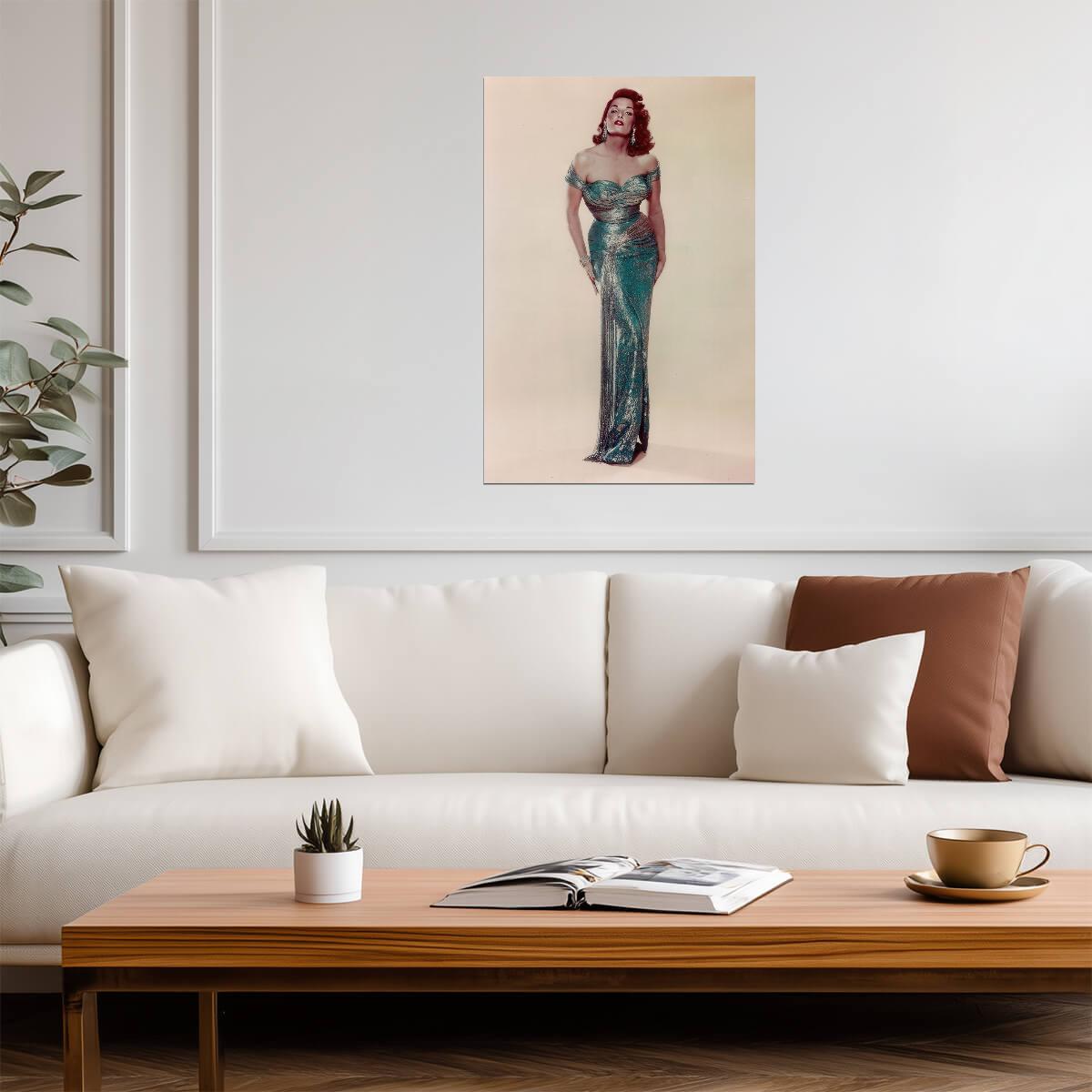 Jane Russell in Long Turquoise Dress Poster | Full Body Wall Art Print - Celebrities Poster
