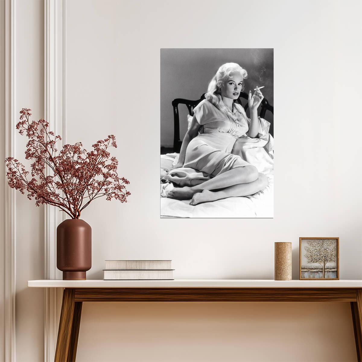 Mamie Van Doren Smoking Poster | Black and White Portrait Wall Art Print - Celebrities Poster