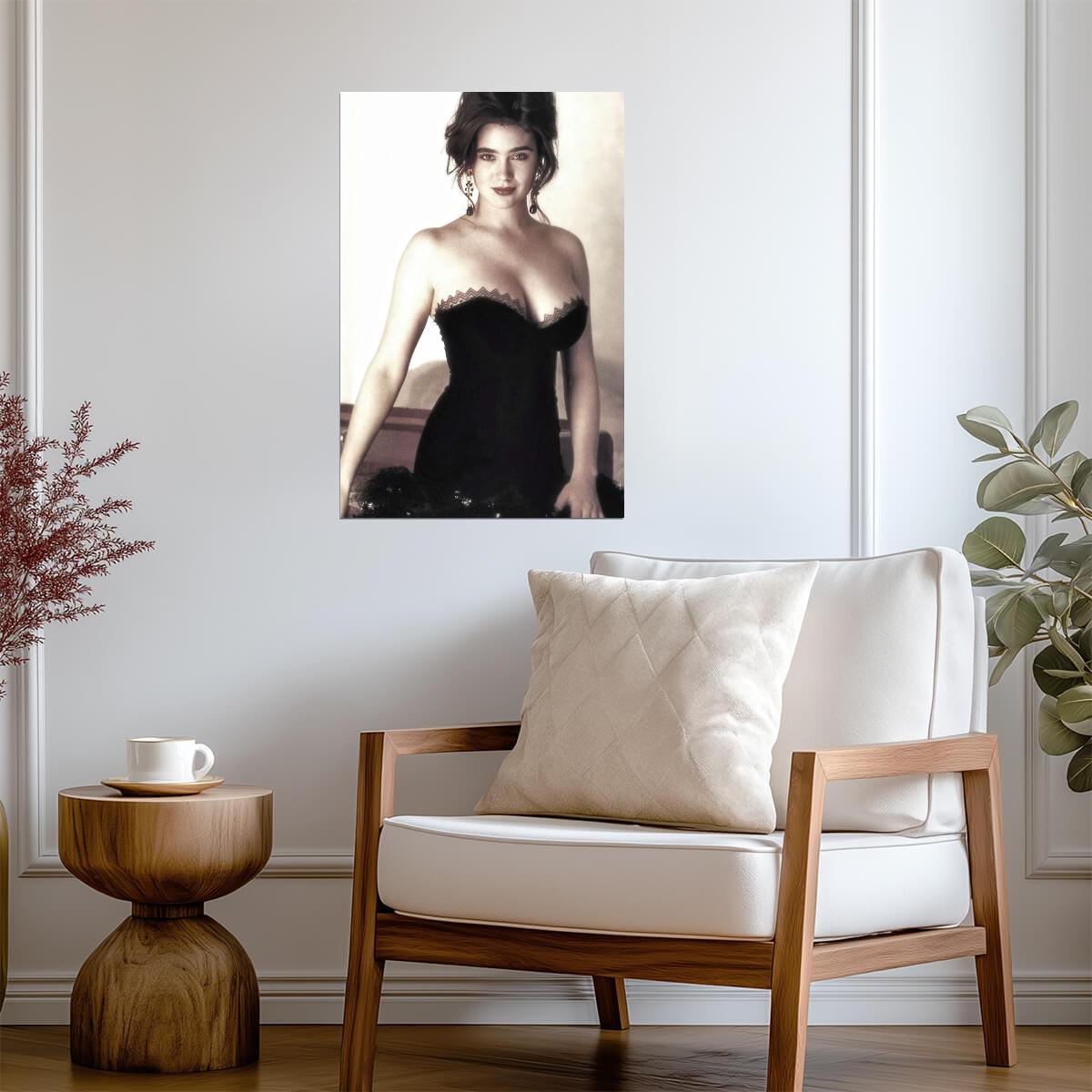 Jennifer Connelly in Black Dress Poster | Sepia Portrait Wall Art Print - Celebrities Poster