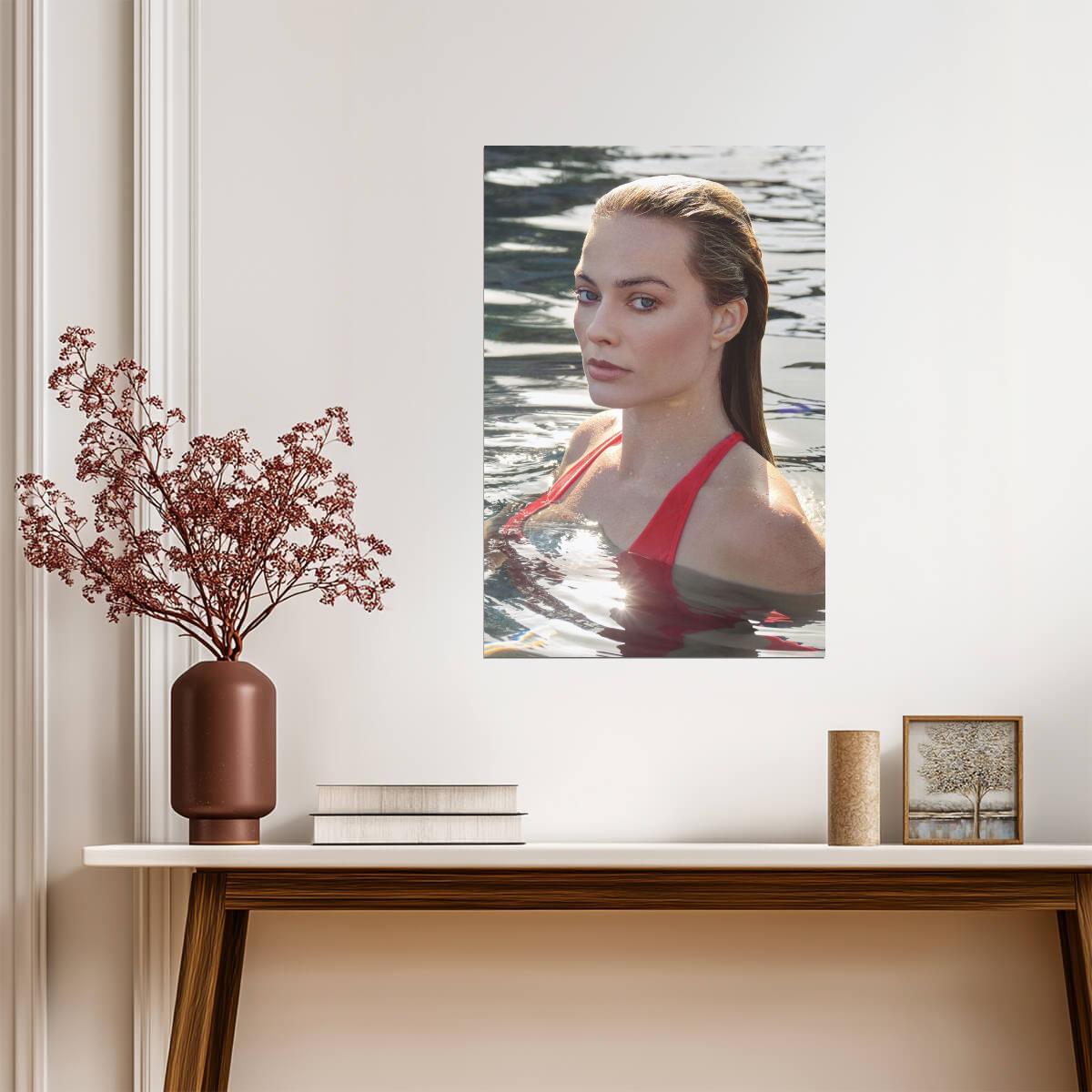 Margot Robbie in Red Swimsuit Poster | Water Scene Wall Art Print - Celebrities Poster