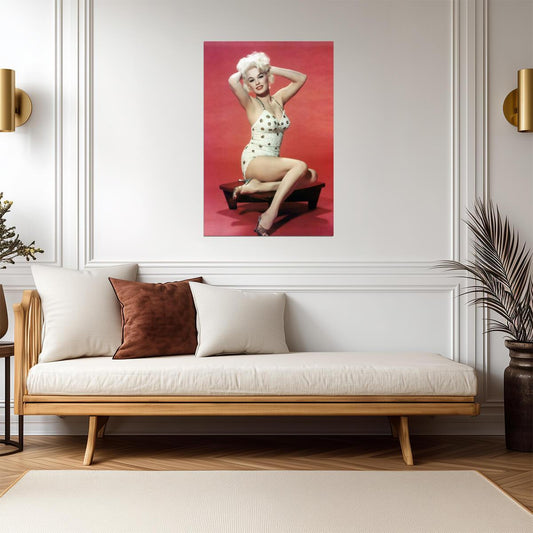 Mamie Van Doren in White Swimsuit Poster | Red Background Pinup Print - Celebrities Poster