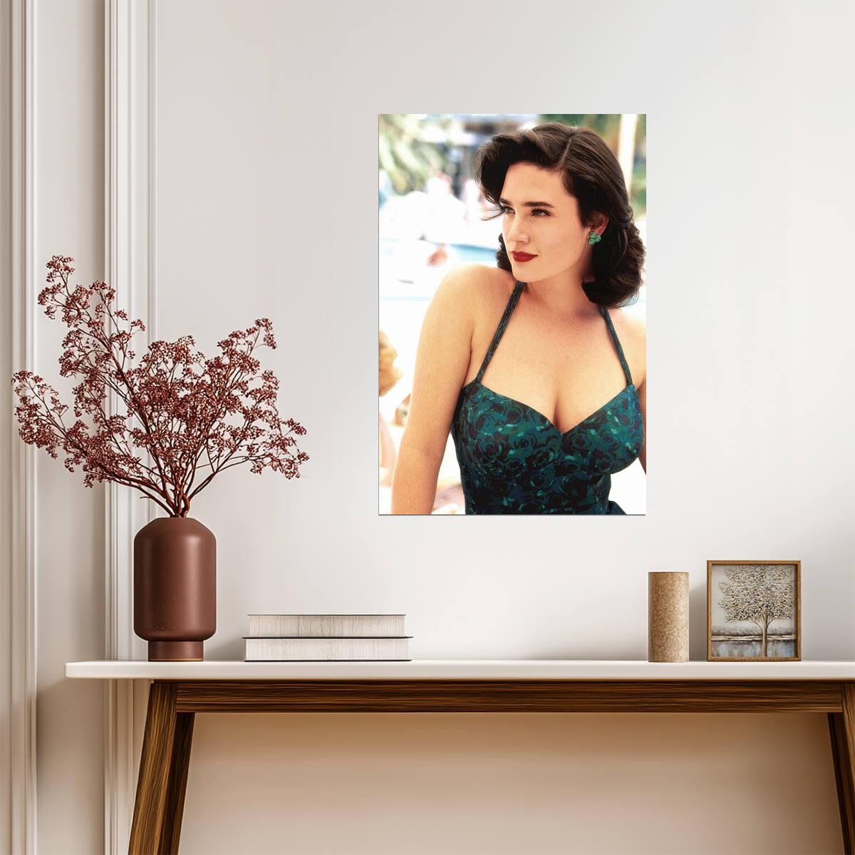 Jennifer Connelly in Green Dress Poster | Red Lips Wall Art Print - Celebrities Poster