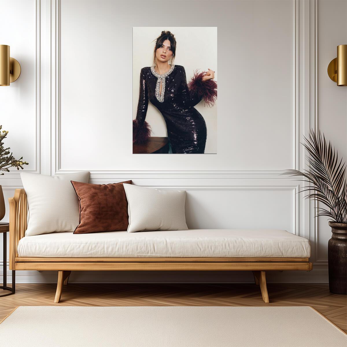 Emily Ratajkowski in Black Feather Dress Poster | Glamour Wall Art Print - Celebrities Poster