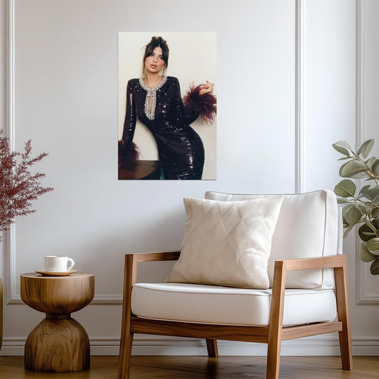 Emily Ratajkowski in Black Feather Dress Poster | Glamour Wall Art Print - Celebrities Poster