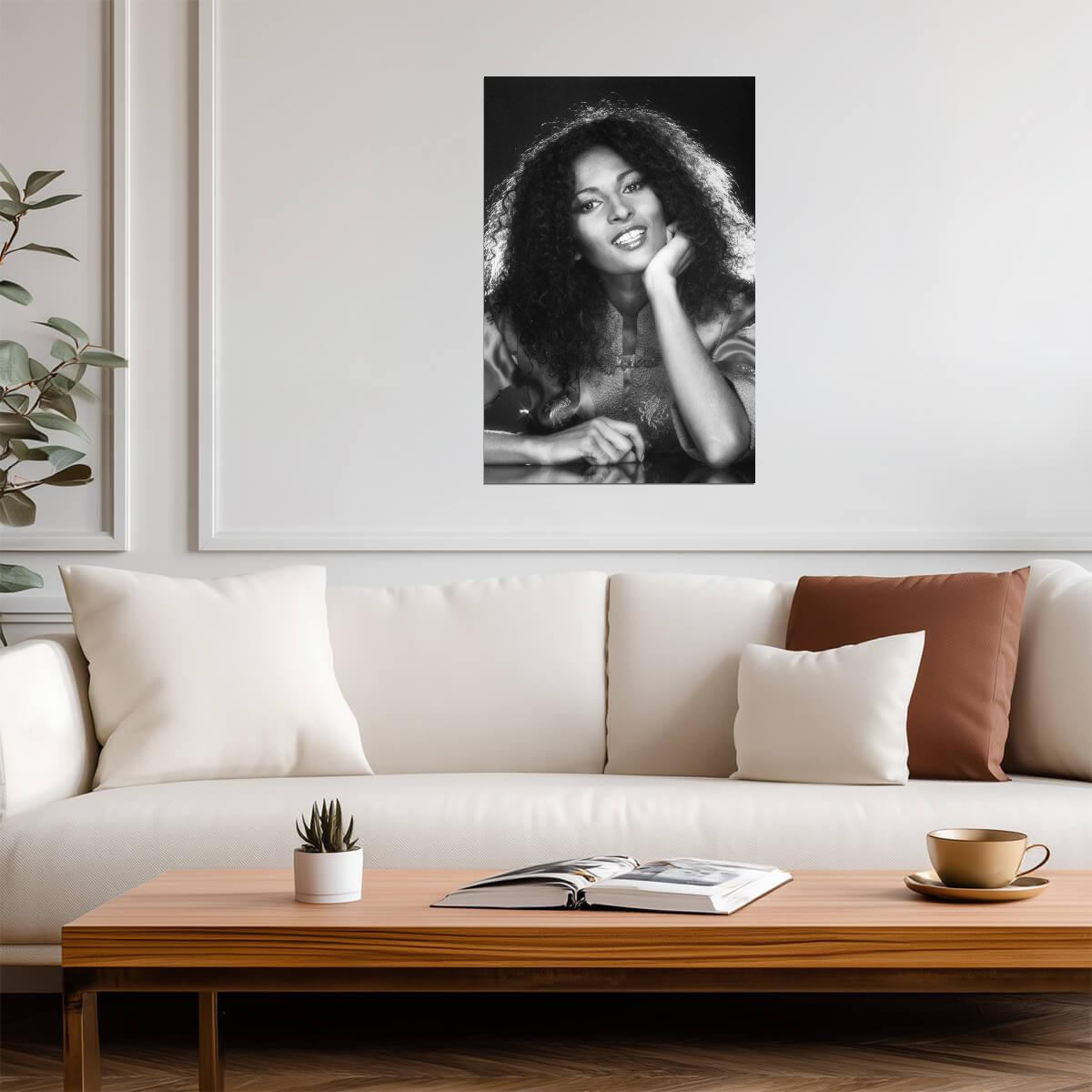 Pam Grier Smiling Portrait Poster | Black and White Wall Art Print - Celebrities Poster