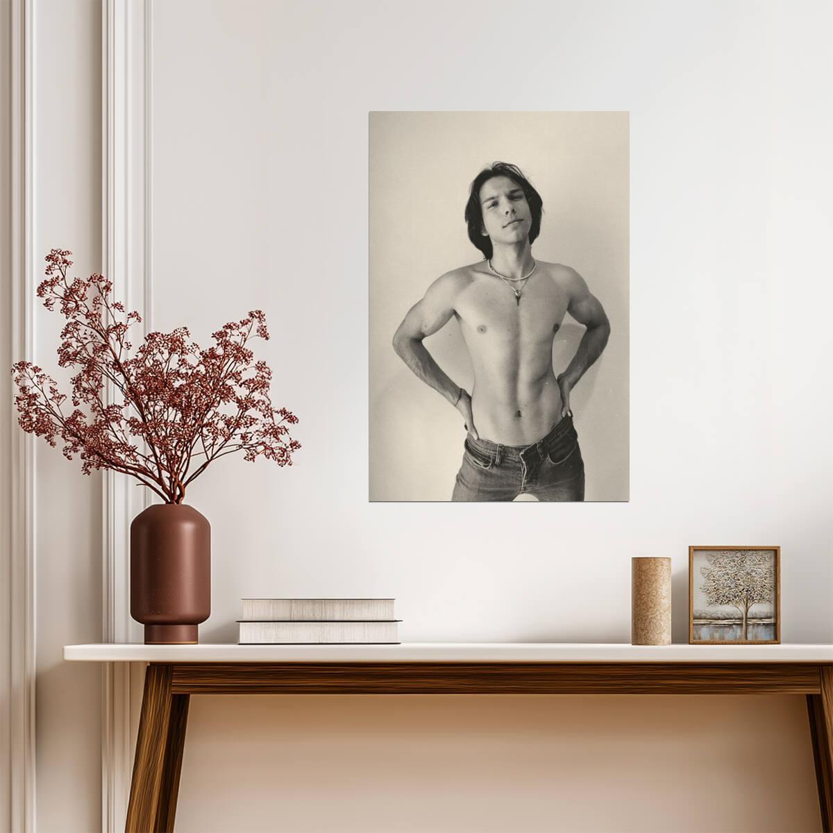 Long Haired Male Model Poster | Sensual Sepia Portrait - Photography Poster
