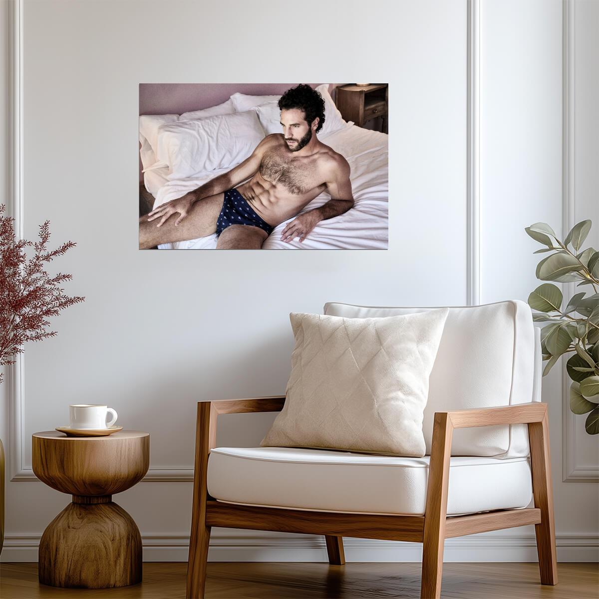 Male Model in Blue Briefs Poster | Laid-Back Bedroom Portrait - Photography Poster