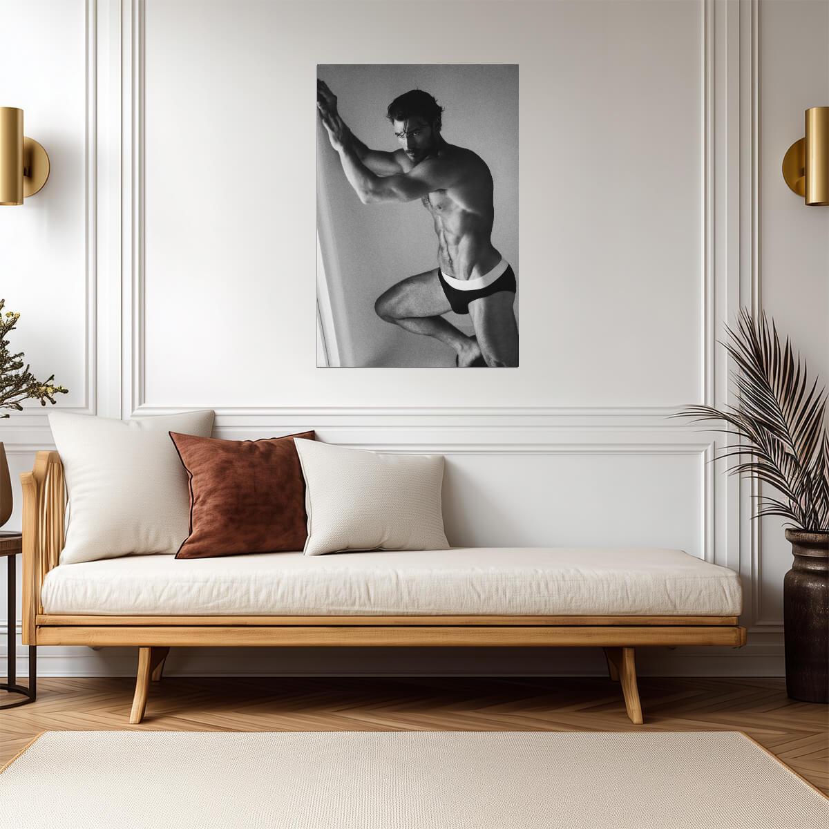 Male Model against a Wall Poster | Sexy Black and White Photo - Photography Poster