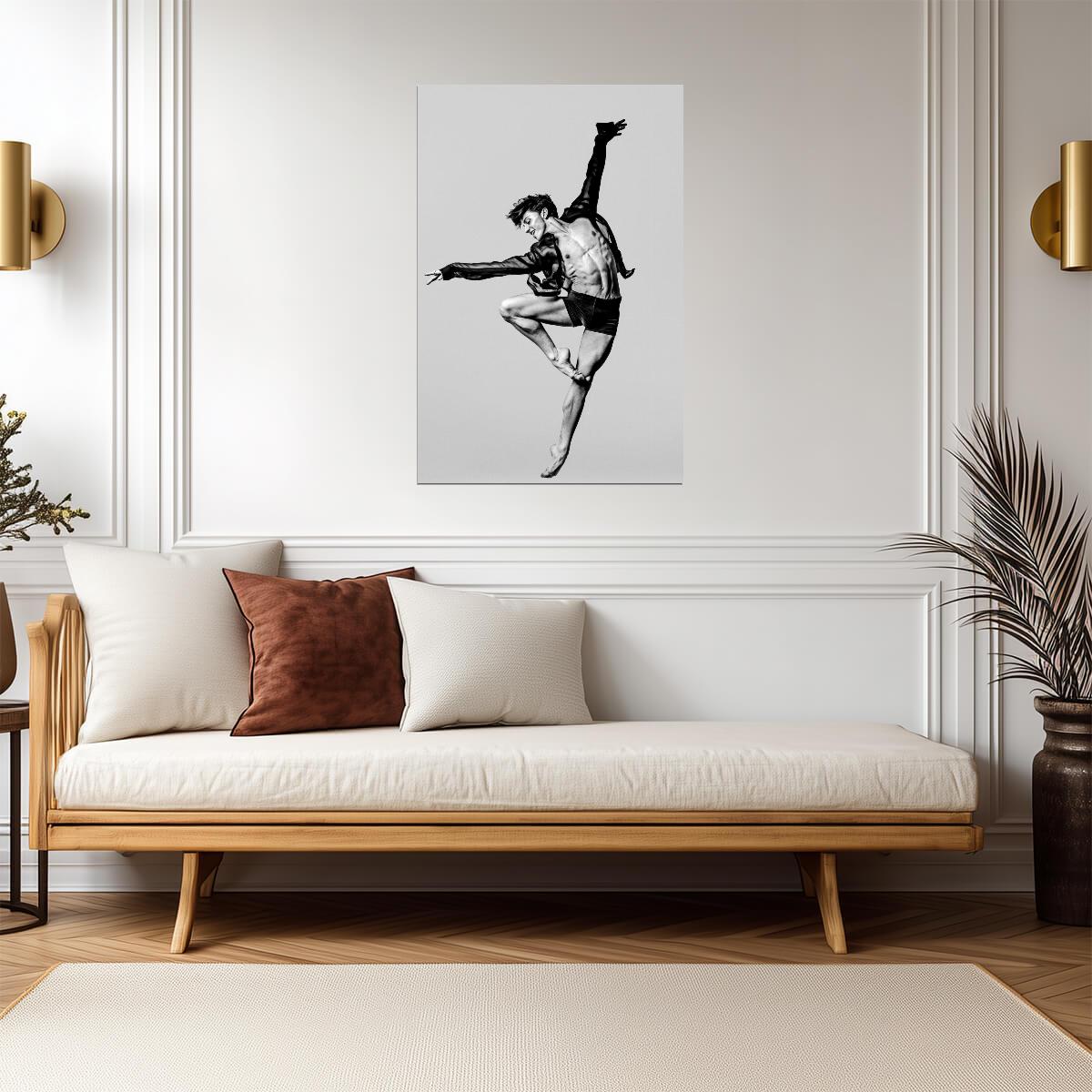 Male Dancer in a Sheer Shirt Poster | Black and White Leap - Photography Poster