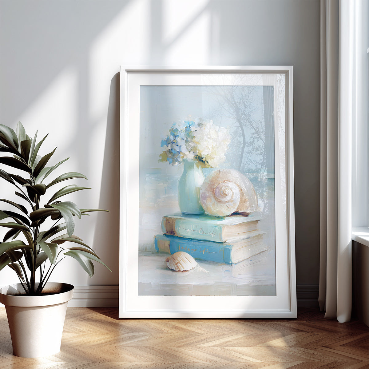 Still Life with Flowers, Books and Seashell | Coastal Granddaughter Bookish Aesthetic Poster