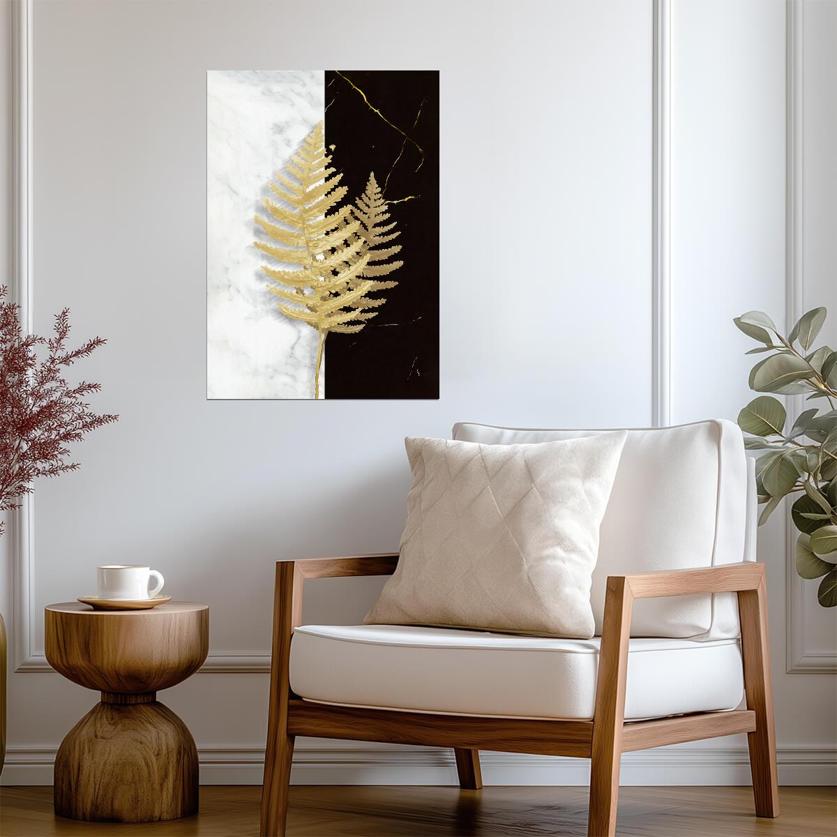 Golden Fern Botanical Art | Minimalist Black and White Print | Modern Nature Poster