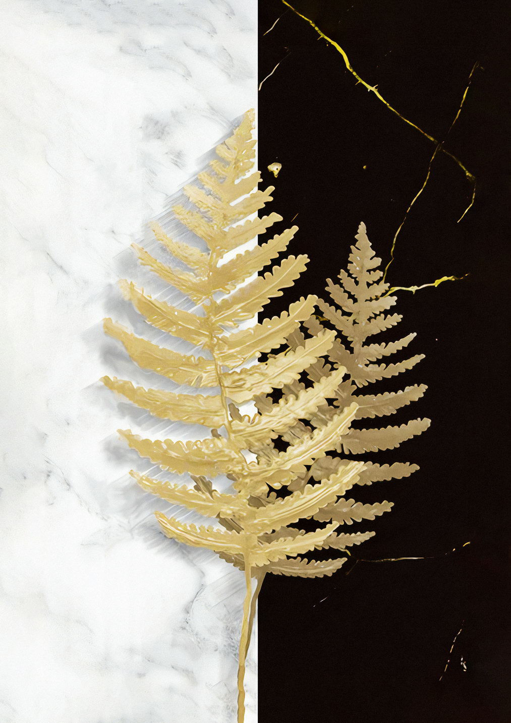 Golden Fern Botanical Art | Minimalist Black and White Print | Modern Nature Poster